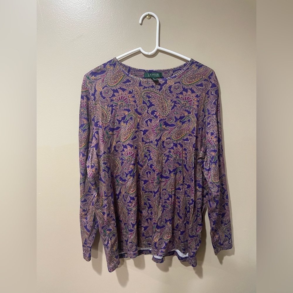 Ralph Lauren Purple and Gold Paisley Long Sleeve Top
